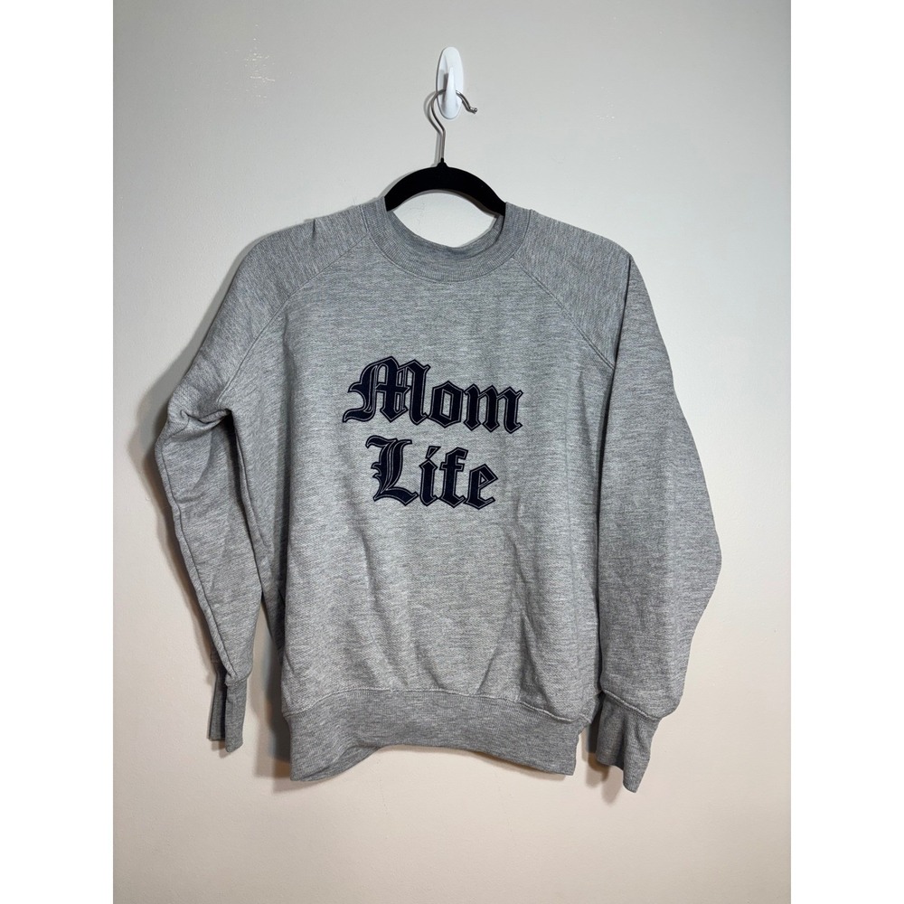 Good American Mom Life Sweatshirt Heather Gray Old English Graphic Pullover Sz 0